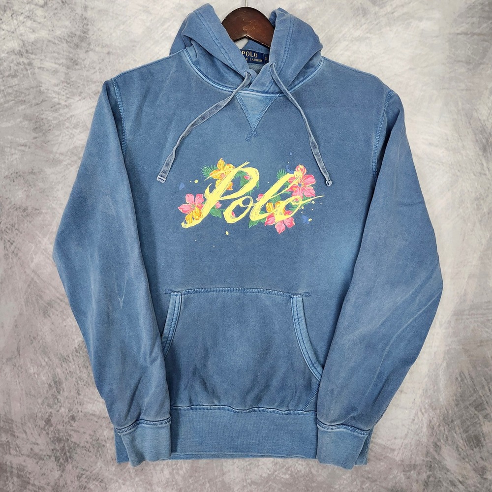 Polo Ralph Lauren Floral Script Hoodie Size S P Relaxed Blue Tropical Hibiscus S